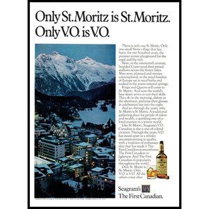 1974 Seagrams V.O. Whiskey Vintage Print Ad St. Moritz Alps Ski Skiing Wall Art